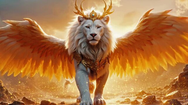 A powerful white lion with golden wings and a radiant crown walks through a glowing fantasy landscape. Symbol of divine strength, royalty, and mythical protection.