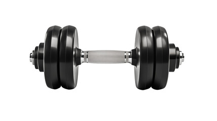 Naklejka premium A single dumbbell with weights on each side and a silver handle bar isolated on transparent background 