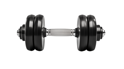 A single dumbbell with weights on each side and a silver handle bar isolated on transparent background	