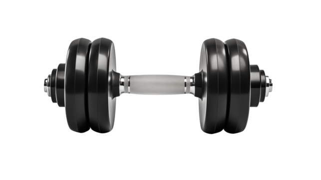 A single dumbbell with weights on each side and a silver handle bar isolated on transparent background	