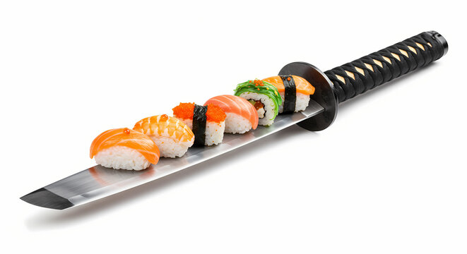 Photo of sushi on a jepan samurai sword