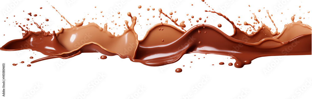 Poster chocolate and caramel liquid colliding in a dynamic splash against a creating movement transparent b