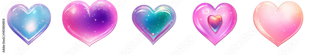 Poster five colorful hearts with galaxy and star effects arranged in a horizontal row on transparent backgr
