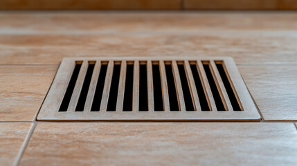 Close up of a metal floor vent on a tile floor. The vent features a series of vertical slats for air circulation and is flush with the floor's surface.