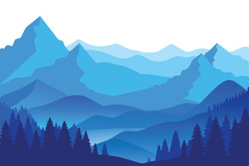 Obraz premium A scenic mountain range receding into the distance showcases layers of blue color and pine forests