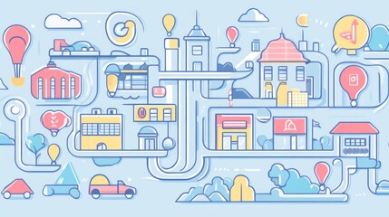 Illustrated city map with buildings, roads, and transportation.