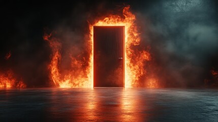 Obraz premium An artistic portrayal of a mystical burning door enveloped in smoke, representing the interplay between light and dark, and the allure of entering the unknown.
