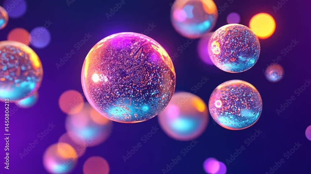 Aufkleber floating iridescent bubbles with glowing particle swirls in a vibrant abstract motion