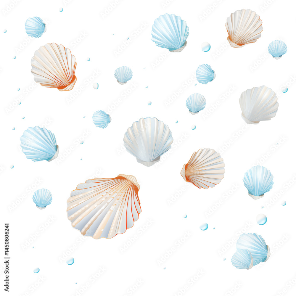 Poster a scattered arrangement of seashells in varying colors on a plain with small droplets transparent ba