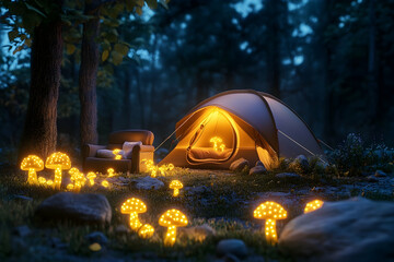 Illuminated camping tent nestled amidst glowing mushrooms in a mystical forest at night.
