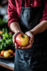 Symbolic Red Apple in Soft Hands with Black Apron – Minimal Still Life Concept Evoking Calm, Music and Emotional Simplicity