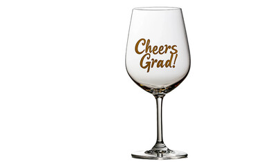 Elegant wine glass with golden Cheers Grad text representing graduation joy and festive occasion isolated on white background PNG