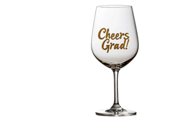 Elegant wine glass with golden Cheers Grad text representing graduation joy and festive occasion isolated on white background PNG