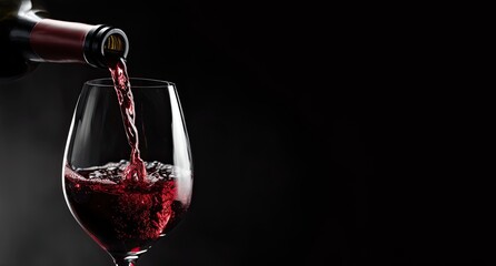 Red wine being poured into a glass.  The wine flows gracefully, creating a dynamic effect