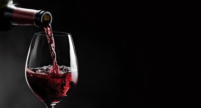 Red wine being poured into a glass.  The wine flows gracefully, creating a dynamic effect