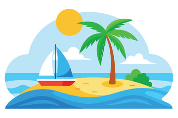 Obraz premium A tropical beach featuring a sailboat near a palm tree under bright sunshine
