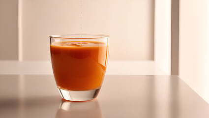 Glass of healthy carrot juice with smooth texture, captured in a bright and fresh setting.