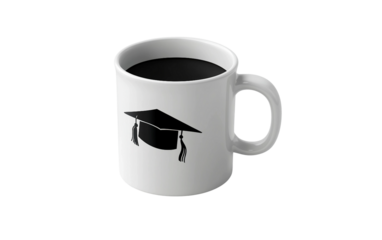 Graduation themed coffee mug with motivational quote in minimalist design representing achievement and inspiration isolated on white background PNG
