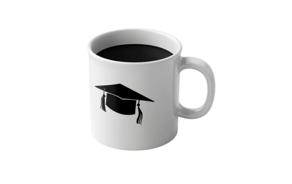 Graduation themed coffee mug with motivational quote in minimalist design representing achievement and inspiration isolated on white background PNG