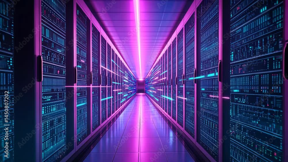 Aufkleber neon data center journey: futuristic server animation with dynamic lights