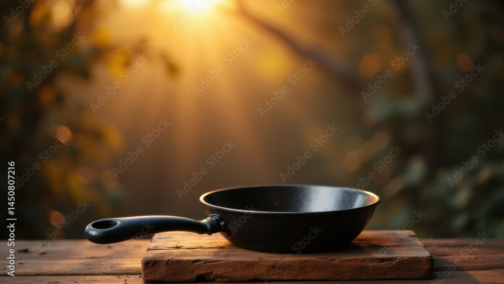 Poster skillet pan with wooden handle resting on a rustic wooden table in an outdoor setting with sunlight 