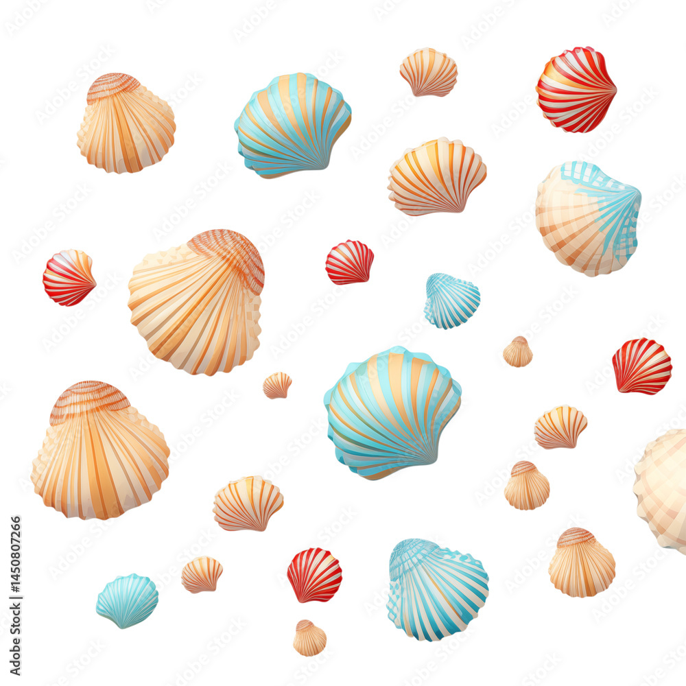 Poster a scattering of colorful seashells in various sizes and orientations on a pattern design transparent