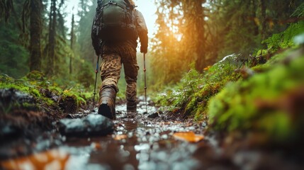 Captured in this image is an adventurous hiker navigating muddy terrain in a dense forest, showcasing the challenges and beauty of outdoor exploration during golden hour.