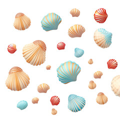 A scattering of colorful seashells in various sizes and orientations on a pattern design transparent background png