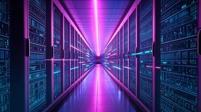 Neon data center journey: futuristic server animation with dynamic lights