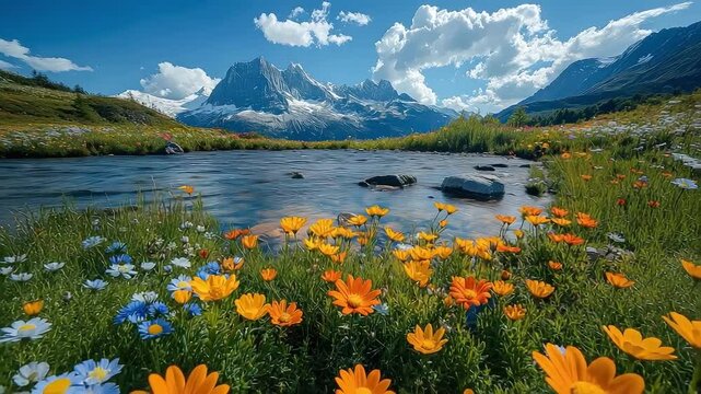 Field of flowers with a river running through it. The flowers are orange and blue. The sky is blue with some clouds