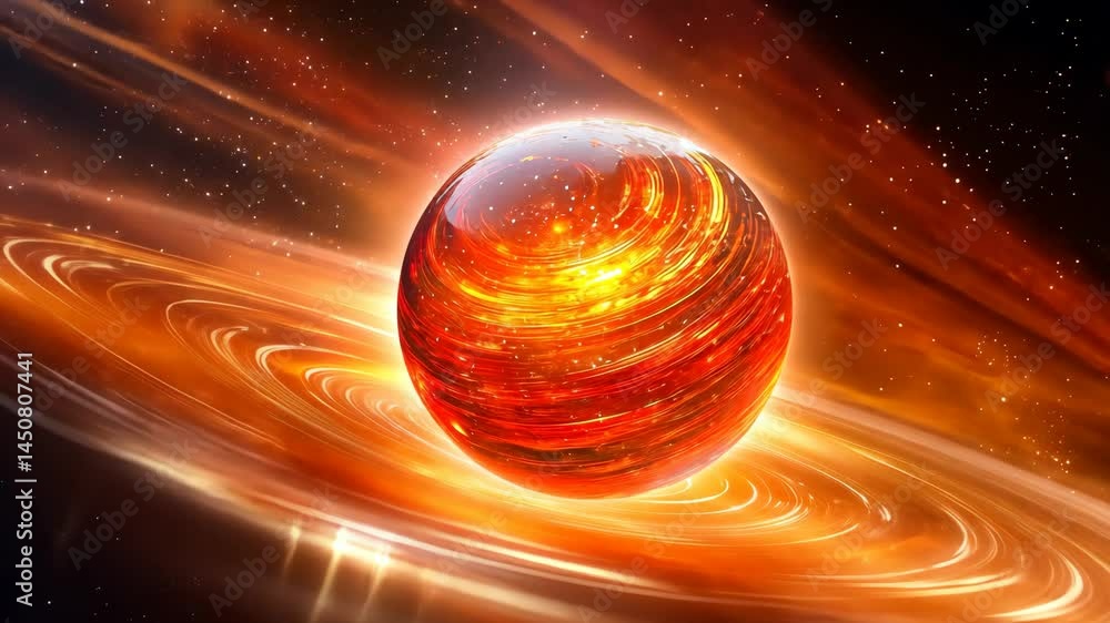 Poster fiery cosmic sphere in vortex: dynamic rotation and luminous energy swirl