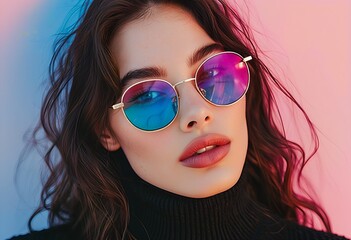 a striking portrait of a woman with dark, wavy hair and vibrant, iridescent sunglasses against a split blue and pink background.