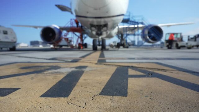 Aircraft technicians working outdoors on a 787 commercial airplane; blurry in the background; during the day.