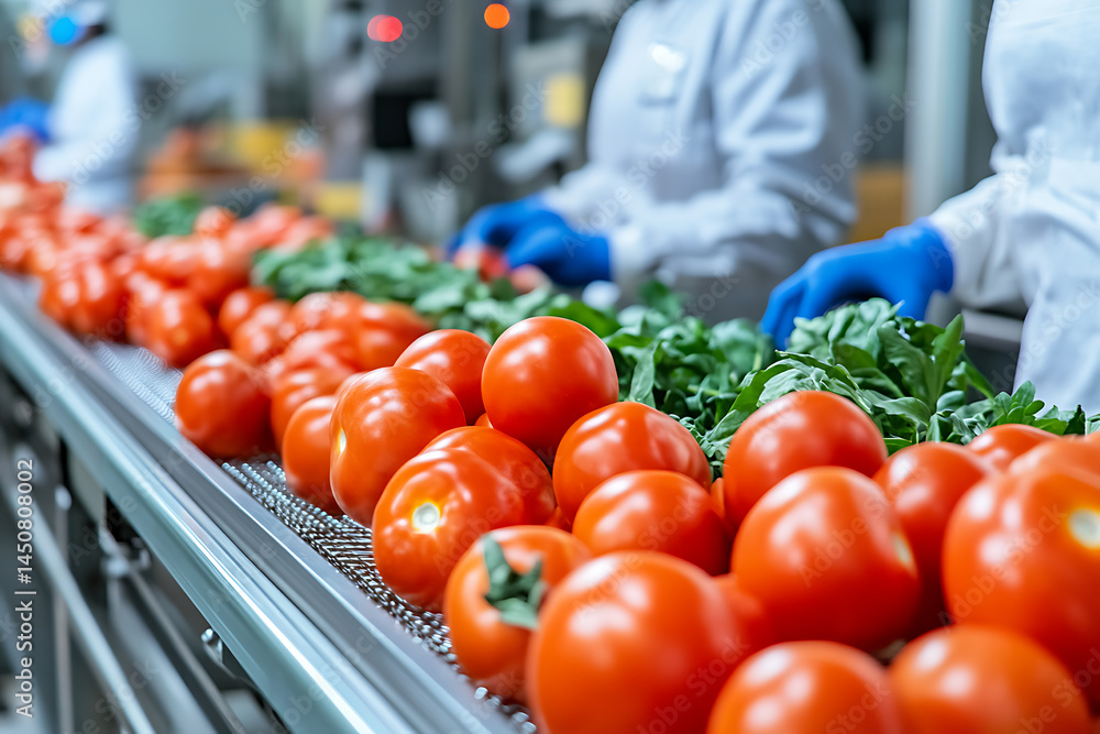 Poster fresh produce processing: tomatoes and greens on a conveyor belt being sorted by gloved workers for 