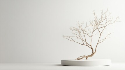 Minimalist beige branch on white pedestal against white background.