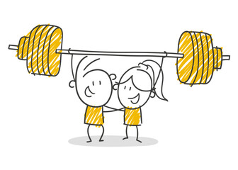 Strichfiguren / Strichm&auml;nnchen / Stick Figures: Gewicht, stark, Kraft, Gewichtheben, Teamwork. (Nr. 849)