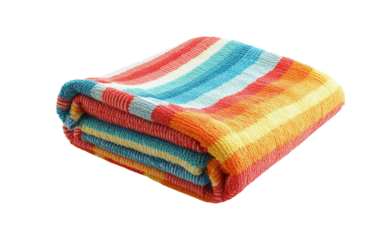 Colorful beach towel folded with rounded edges and striking stripe design ideal for outdoor relaxation by the ocean isolated on white background PNG