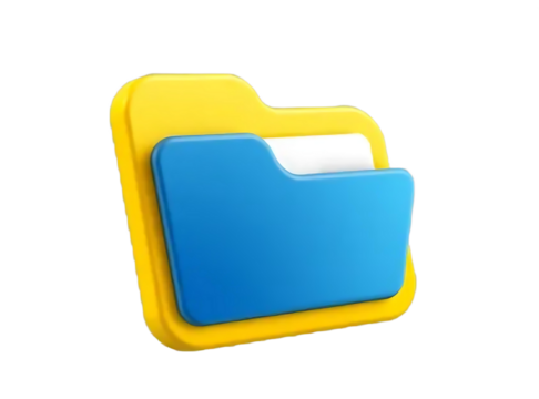 Stylized 3D Rendered Yellow and Blue File Folder Icon with Document Element, Digital Organization and Storage Symbol Graphic with Transparent Background