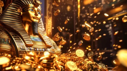 Golden Pharaoh Statue with Falling Coins: An Ancient Egyptian Treasure