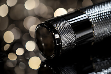 Close up of a shiny metallic object with a textured grip and blurred lights in the background