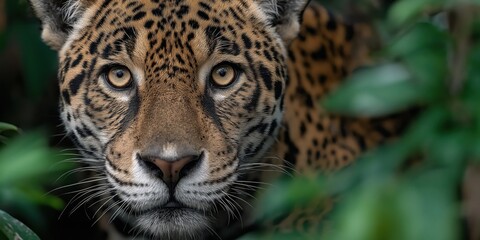 Close-up of jaguar&rsquo;s intense eyes peering through green jungle leaves in a stealthy hunting pose captured in sharp natural detail perfect for wildlife posters and predator-themed visuals