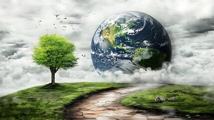Earth planet with path and tree