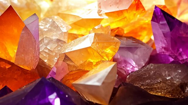 Vibrant amethyst and citrine crystal transformation with light play