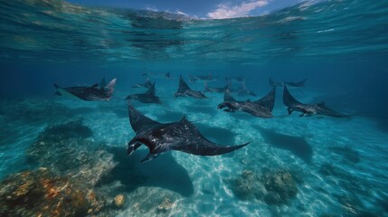 Group of manta rays swimming gracefully in crystal-clear ocean water above coral reefs captured from underwater ideal for marine biology themes, diving visuals and ocean conservation use