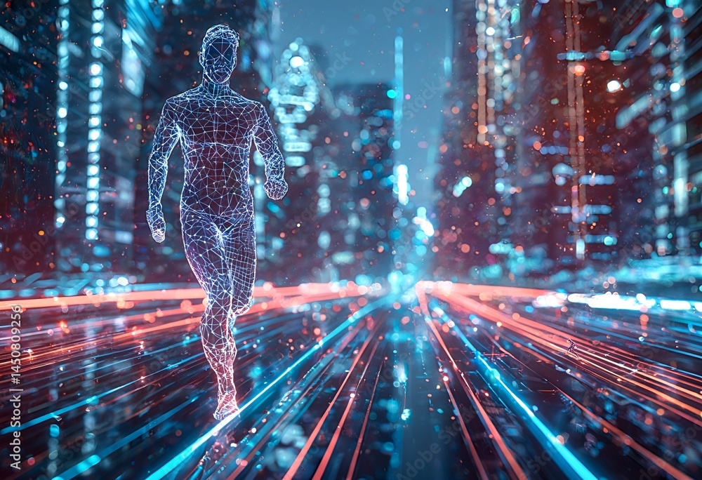 Aufkleber a digital human figure sprints forward through a vibrant tunnel of flowing light and data streams, r