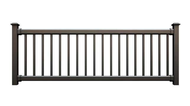 View of a gray metal railing with vertical bars isolated on transparent background	