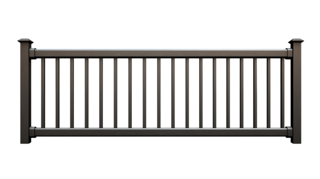View of a gray metal railing with vertical bars isolated on transparent background	