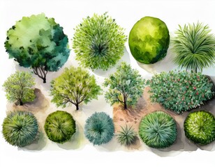 various green trees bushes and shrubs top view for landscape design plan watercolor illustration isolated on white background