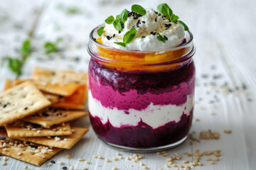  Layered beetroot hummus jar with crackers on white table. Healthy vegetarian appetizer for festive gatherings.  