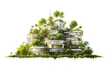 Futuristic city powered by green energy with trees on rooftops promoting sustainability and eco-friendly urban living isolated on white background PNG